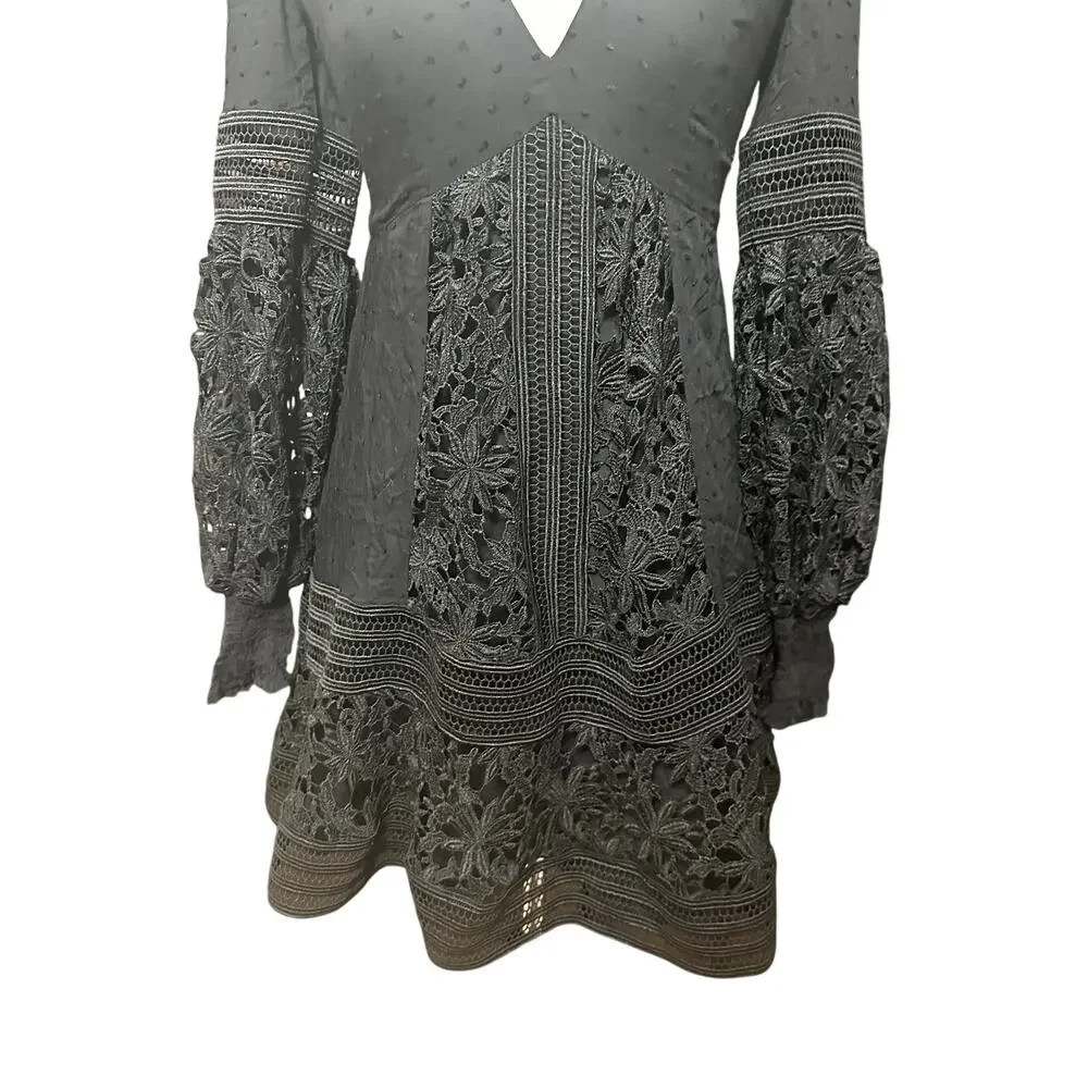 Bardot Mariah Babydoll Dress Long Sleeves Swiss Dot Lace Detailing Black XS NWOT - Picture 4 of 9
